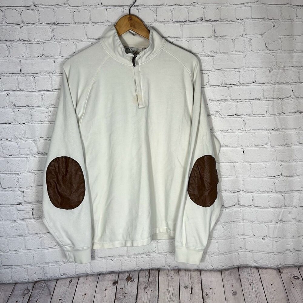 Orvis Mens Beige Quarter Zip Pullover Brown Elbow Patches size L Large LOOK PICS
